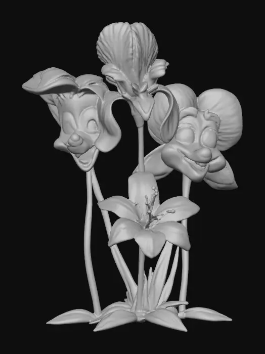 3D model for A trio of talking flowers (pansy, iris, and lily) alice in wonderland stylized cartoonish talking flowers in full color