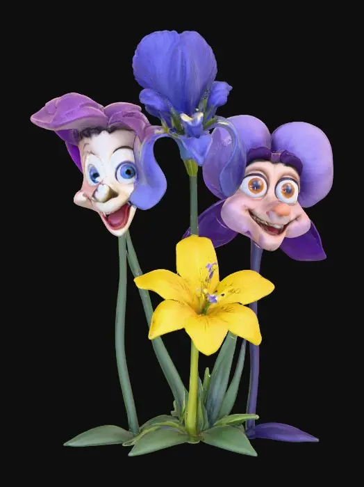 3D model for A trio of talking flowers (pansy, iris, and lily) alice in wonderland stylized cartoonish talking flowers in full color