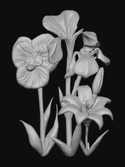 3D model for A trio of talking flowers (pansy, iris, and lily) alice in wonderland stylized cartoonish talking flowers in full color