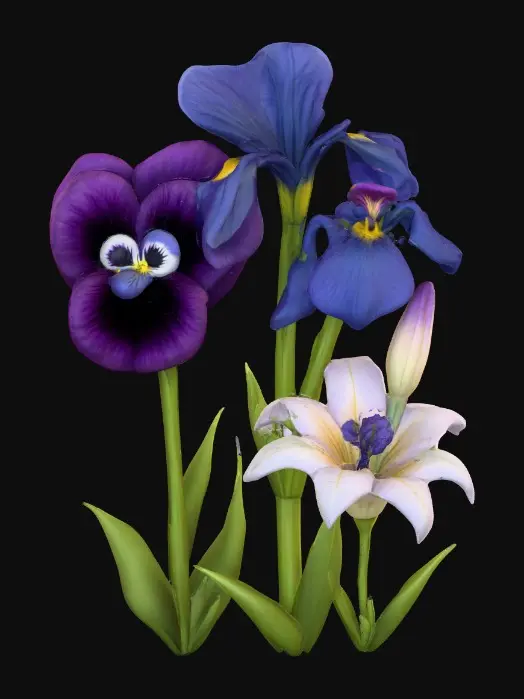 3D model for A trio of talking flowers (pansy, iris, and lily) alice in wonderland stylized cartoonish talking flowers in full color