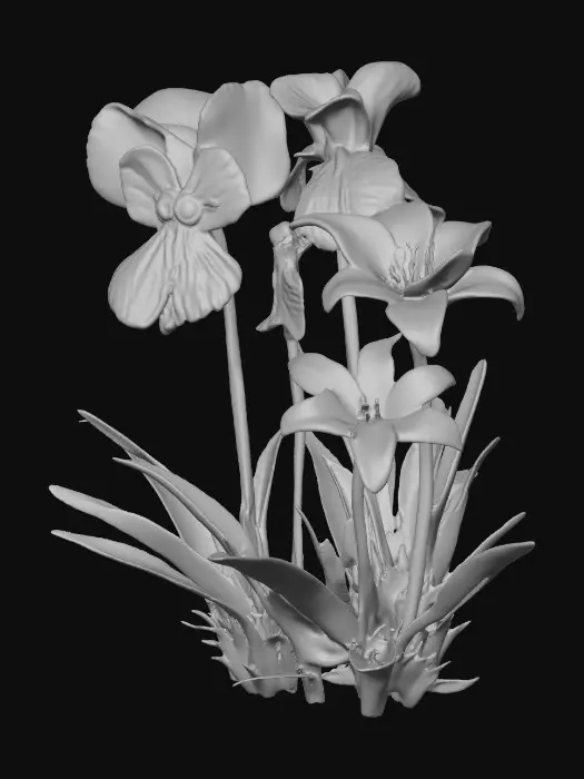 3D model for A trio of talking flowers (pansy, iris, and lily) alice in wonderland stylized cartoonish talking flowers in full color