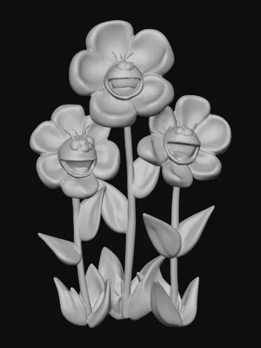 3D model for A whimsical fairytale creation of three 3d anthropomorphic talking flowers with exaggerated, cartoonish features, reminiscent of an Alice in Wonderland aesthetic. They possess expressive eyes and mouths, with vibrant, oversized petals and stems that serve as limbs. The style is a playful, highly stylized illustration, evoking the enchanting and slightly bizarre world of classic fairytale art, with influences from the detailed linework and imaginative compositions of Arthur Rackham and the vibrant, whimsical designs of Mary Blair