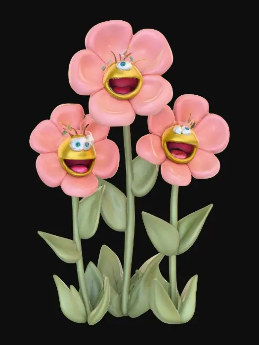 3D model for A whimsical fairytale creation of three 3d anthropomorphic talking flowers with exaggerated, cartoonish features, reminiscent of an Alice in Wonderland aesthetic. They possess expressive eyes and mouths, with vibrant, oversized petals and stems that serve as limbs. The style is a playful, highly stylized illustration, evoking the enchanting and slightly bizarre world of classic fairytale art, with influences from the detailed linework and imaginative compositions of Arthur Rackham and the vibrant, whimsical designs of Mary Blair
