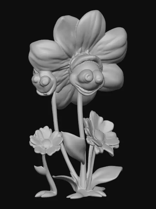 3D model for A whimsical fairytale creation of three 3d anthropomorphic talking flowers with exaggerated, cartoonish features, reminiscent of an Alice in Wonderland aesthetic. They possess expressive eyes and mouths, with vibrant, oversized petals and stems that serve as limbs. The style is a playful, highly stylized illustration, evoking the enchanting and slightly bizarre world of classic fairytale art, with influences from the detailed linework and imaginative compositions of Arthur Rackham and the vibrant, whimsical designs of Mary Blair