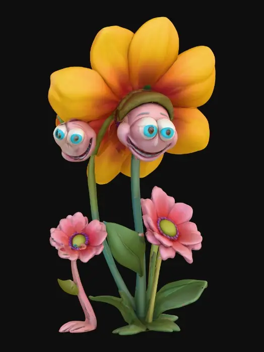 3D model for A whimsical fairytale creation of three 3d anthropomorphic talking flowers with exaggerated, cartoonish features, reminiscent of an Alice in Wonderland aesthetic. They possess expressive eyes and mouths, with vibrant, oversized petals and stems that serve as limbs. The style is a playful, highly stylized illustration, evoking the enchanting and slightly bizarre world of classic fairytale art, with influences from the detailed linework and imaginative compositions of Arthur Rackham and the vibrant, whimsical designs of Mary Blair