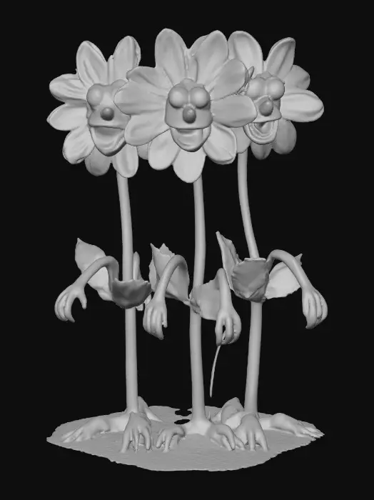 3D model for A whimsical fairytale creation of three 3d anthropomorphic talking flowers with exaggerated, cartoonish features, reminiscent of an Alice in Wonderland aesthetic. They possess expressive eyes and mouths, with vibrant, oversized petals and stems that serve as limbs. The style is a playful, highly stylized illustration, evoking the enchanting and slightly bizarre world of classic fairytale art, with influences from the detailed linework and imaginative compositions of Arthur Rackham and the vibrant, whimsical designs of Mary Blair