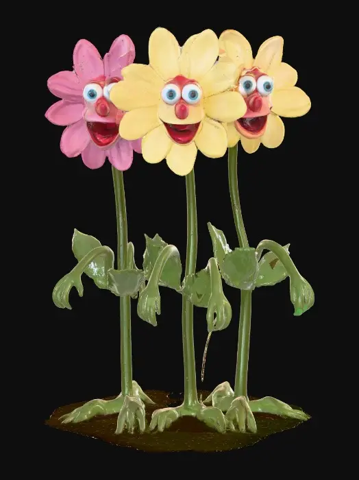 3D model for A whimsical fairytale creation of three 3d anthropomorphic talking flowers with exaggerated, cartoonish features, reminiscent of an Alice in Wonderland aesthetic. They possess expressive eyes and mouths, with vibrant, oversized petals and stems that serve as limbs. The style is a playful, highly stylized illustration, evoking the enchanting and slightly bizarre world of classic fairytale art, with influences from the detailed linework and imaginative compositions of Arthur Rackham and the vibrant, whimsical designs of Mary Blair