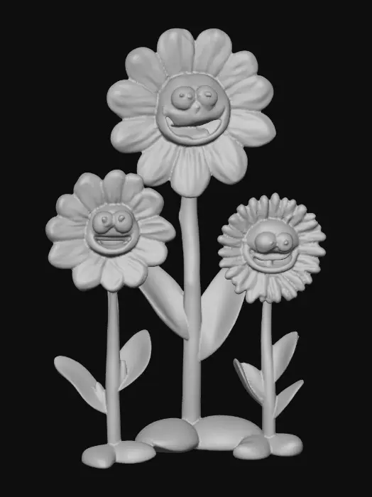 3D model for A whimsical fairytale creation of three 3d anthropomorphic talking flowers with exaggerated, cartoonish features, reminiscent of an Alice in Wonderland aesthetic. They possess expressive eyes and mouths, with vibrant, oversized petals and stems that serve as limbs. The style is a playful, highly stylized illustration, evoking the enchanting and slightly bizarre world of classic fairytale art, with influences from the detailed linework and imaginative compositions of Arthur Rackham and the vibrant, whimsical designs of Mary Blair