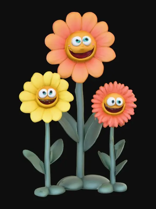 3D model for A whimsical fairytale creation of three 3d anthropomorphic talking flowers with exaggerated, cartoonish features, reminiscent of an Alice in Wonderland aesthetic. They possess expressive eyes and mouths, with vibrant, oversized petals and stems that serve as limbs. The style is a playful, highly stylized illustration, evoking the enchanting and slightly bizarre world of classic fairytale art, with influences from the detailed linework and imaginative compositions of Arthur Rackham and the vibrant, whimsical designs of Mary Blair