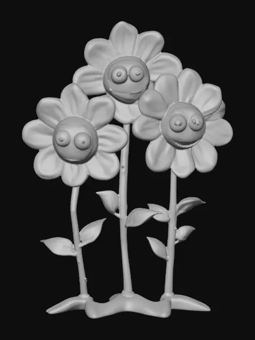 3D model for A whimsical fairytale creation of three 3d anthropomorphic talking flowers with exaggerated, cartoonish features, reminiscent of an Alice in Wonderland aesthetic. They possess expressive eyes and mouths, with vibrant, oversized petals and stems that serve as limbs. The style is a playful, highly stylized illustration, evoking the enchanting and slightly bizarre world of classic fairytale art, with influences from the detailed linework and imaginative compositions of Arthur Rackham and the vibrant, whimsical designs of Mary Blair