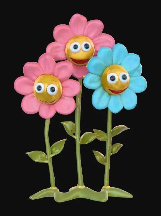 3D model for A whimsical fairytale creation of three 3d anthropomorphic talking flowers with exaggerated, cartoonish features, reminiscent of an Alice in Wonderland aesthetic. They possess expressive eyes and mouths, with vibrant, oversized petals and stems that serve as limbs. The style is a playful, highly stylized illustration, evoking the enchanting and slightly bizarre world of classic fairytale art, with influences from the detailed linework and imaginative compositions of Arthur Rackham and the vibrant, whimsical designs of Mary Blair