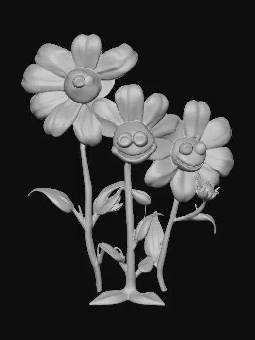 3D model for A whimsical fairytale creation of three 3d anthropomorphic talking flowers with exaggerated, cartoonish features, reminiscent of an Alice in Wonderland aesthetic. They possess expressive eyes and mouths, with vibrant, oversized petals and stems that serve as limbs. The style is a playful, highly stylized illustration, evoking the enchanting and slightly bizarre world of classic fairytale art, with influences from the detailed linework and imaginative compositions of Arthur Rackham and the vibrant, whimsical designs of Mary Blair