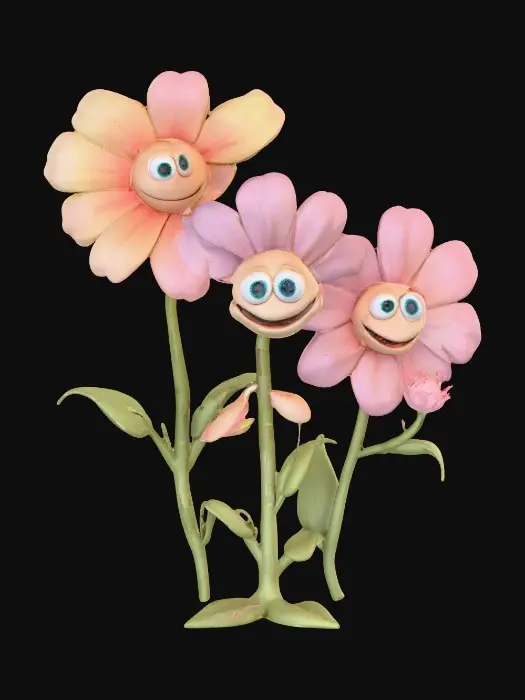3D model for A whimsical fairytale creation of three 3d anthropomorphic talking flowers with exaggerated, cartoonish features, reminiscent of an Alice in Wonderland aesthetic. They possess expressive eyes and mouths, with vibrant, oversized petals and stems that serve as limbs. The style is a playful, highly stylized illustration, evoking the enchanting and slightly bizarre world of classic fairytale art, with influences from the detailed linework and imaginative compositions of Arthur Rackham and the vibrant, whimsical designs of Mary Blair