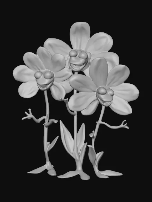 3D model for A whimsical fairytale creation of three 3d anthropomorphic talking flowers with exaggerated, cartoonish features, reminiscent of an Alice in Wonderland aesthetic. They possess expressive eyes and mouths, with vibrant, oversized petals and stems that serve as limbs. The style is a playful, highly stylized illustration, evoking the enchanting and slightly bizarre world of classic fairytale art, with influences from the detailed linework and imaginative compositions of Arthur Rackham and the vibrant, whimsical designs of Mary Blair