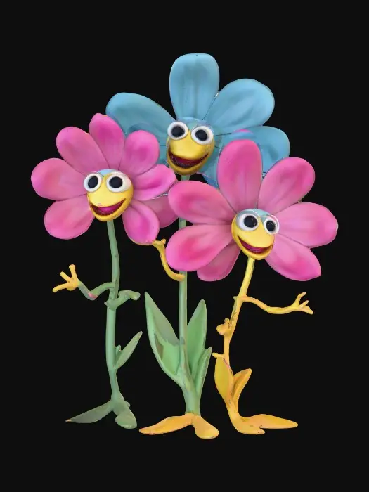 3D model for A whimsical fairytale creation of three 3d anthropomorphic talking flowers with exaggerated, cartoonish features, reminiscent of an Alice in Wonderland aesthetic. They possess expressive eyes and mouths, with vibrant, oversized petals and stems that serve as limbs. The style is a playful, highly stylized illustration, evoking the enchanting and slightly bizarre world of classic fairytale art, with influences from the detailed linework and imaginative compositions of Arthur Rackham and the vibrant, whimsical designs of Mary Blair