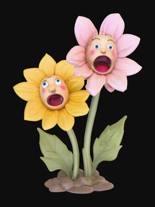 3D model for A whimsical fairytale creation of three 3d anthropomorphic talking flowers with exaggerated, cartoonish features, reminiscent of an Alice in Wonderland aesthetic. They possess expressive eyes and mouths, with vibrant, oversized petals and stems that serve as limbs. The style is a playful, highly stylized illustration, evoking the enchanting and slightly bizarre world of classic fairytale art, with influences from the detailed linework and imaginative compositions of Arthur Rackham and the vibrant, whimsical designs of Mary Blair