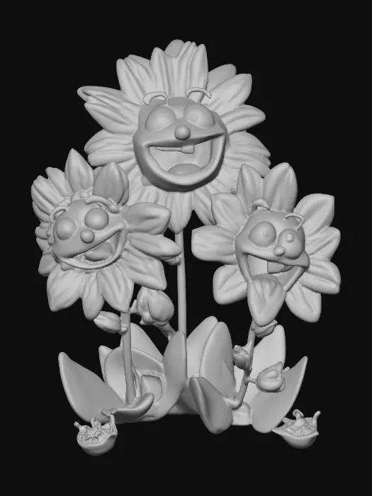 3D model for A whimsical fairytale creation of three 3d anthropomorphic talking flowers with exaggerated, cartoonish features, reminiscent of an Alice in Wonderland aesthetic. They possess expressive eyes and mouths, with vibrant, oversized petals and stems that serve as limbs. The style is a playful, highly stylized illustration, evoking the enchanting and slightly bizarre world of classic fairytale art, with influences from the detailed linework and imaginative compositions of Arthur Rackham and the vibrant, whimsical designs of Mary Blair