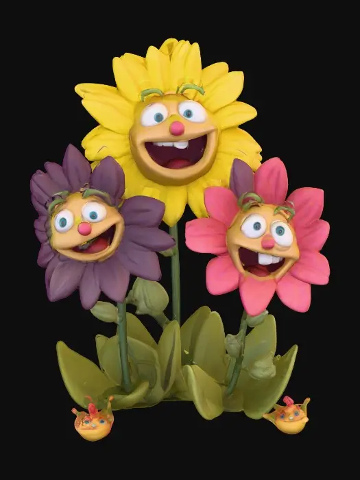 3D model for A whimsical fairytale creation of three 3d anthropomorphic talking flowers with exaggerated, cartoonish features, reminiscent of an Alice in Wonderland aesthetic. They possess expressive eyes and mouths, with vibrant, oversized petals and stems that serve as limbs. The style is a playful, highly stylized illustration, evoking the enchanting and slightly bizarre world of classic fairytale art, with influences from the detailed linework and imaginative compositions of Arthur Rackham and the vibrant, whimsical designs of Mary Blair