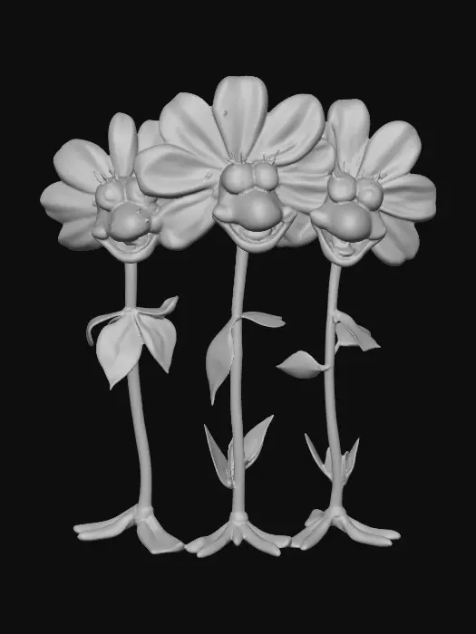 3D model for A whimsical fairytale creation of three 3d anthropomorphic talking flowers with exaggerated, cartoonish features, reminiscent of an Alice in Wonderland aesthetic. They possess expressive eyes and mouths, with vibrant, oversized petals and stems that serve as limbs. The style is a playful, highly stylized illustration, evoking the enchanting and slightly bizarre world of classic fairytale art, with influences from the detailed linework and imaginative compositions of Arthur Rackham and the vibrant, whimsical designs of Mary Blair