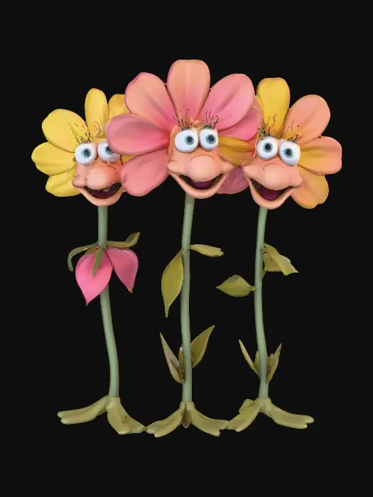 3D model for A whimsical fairytale creation of three 3d anthropomorphic talking flowers with exaggerated, cartoonish features, reminiscent of an Alice in Wonderland aesthetic. They possess expressive eyes and mouths, with vibrant, oversized petals and stems that serve as limbs. The style is a playful, highly stylized illustration, evoking the enchanting and slightly bizarre world of classic fairytale art, with influences from the detailed linework and imaginative compositions of Arthur Rackham and the vibrant, whimsical designs of Mary Blair