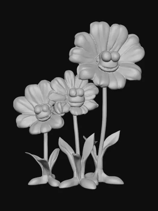 3D model for A whimsical fairytale creation of three 3d anthropomorphic talking flowers with exaggerated, cartoonish features, reminiscent of an Alice in Wonderland aesthetic. They possess expressive eyes and mouths, with vibrant, oversized petals and stems that serve as limbs. The style is a playful, highly stylized illustration, evoking the enchanting and slightly bizarre world of classic fairytale art, with influences from the detailed linework and imaginative compositions of Arthur Rackham and the vibrant, whimsical designs of Mary Blair