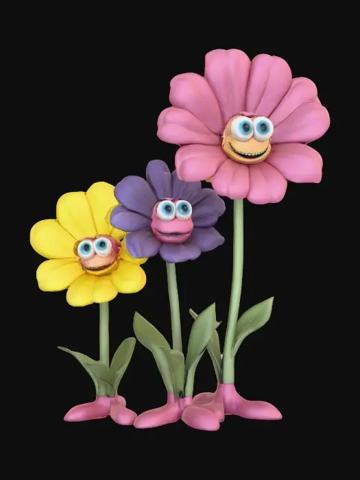 3D model for A whimsical fairytale creation of three 3d anthropomorphic talking flowers with exaggerated, cartoonish features, reminiscent of an Alice in Wonderland aesthetic. They possess expressive eyes and mouths, with vibrant, oversized petals and stems that serve as limbs. The style is a playful, highly stylized illustration, evoking the enchanting and slightly bizarre world of classic fairytale art, with influences from the detailed linework and imaginative compositions of Arthur Rackham and the vibrant, whimsical designs of Mary Blair