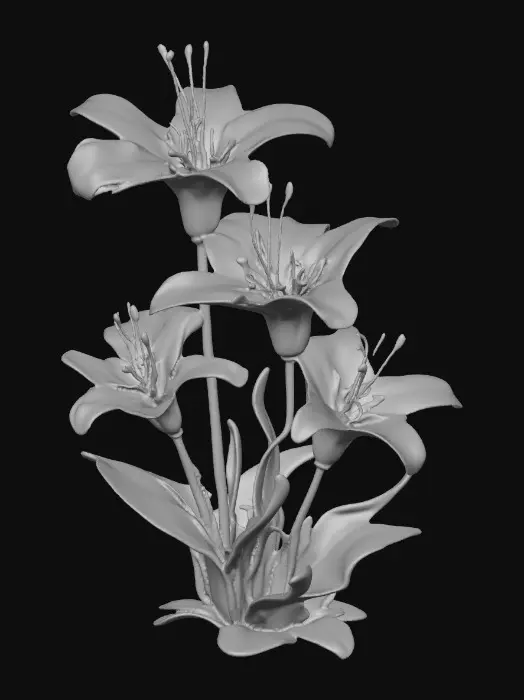 3D model for A whimsical fantasy a trio of talking chibi flowers (tiger lilies) alice in wonderland stylized cartoonish  flowers in full color.