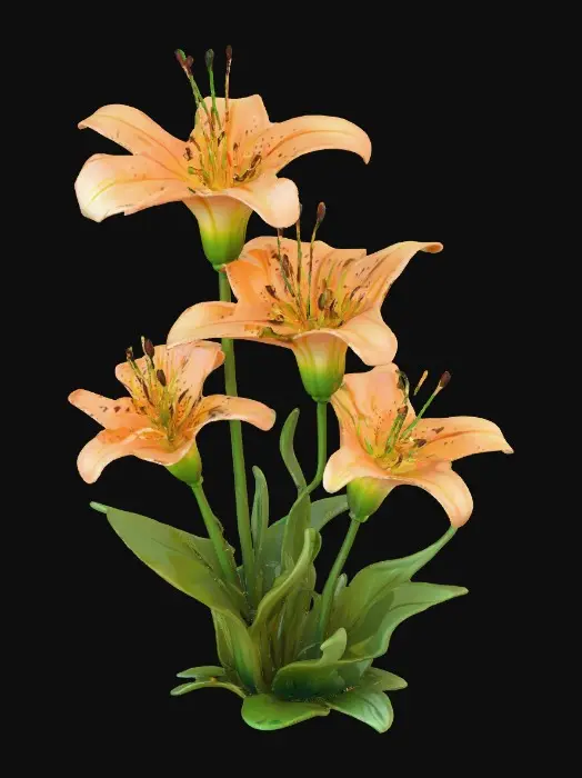 3D model for A whimsical fantasy a trio of talking chibi flowers (tiger lilies) alice in wonderland stylized cartoonish  flowers in full color.