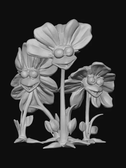 3D model for A whimsical fairytale creation 3d anthropomorphic talking flowers with exaggerated, cartoonish features, reminiscent of an Alice in Wonderland aesthetic. They possess expressive eyes and mouths, with vibrant, oversized petals and stems that serve as limbs. 
The style is a playful, highly stylized illustration, evoking the enchanting and slightly bizarre world of classic fairytale art, with influences from the detailed linework and imaginative compositions of Arthur Rackham and the vibrant, whimsical designs of Mary Blair. Suitable for 3d printed models