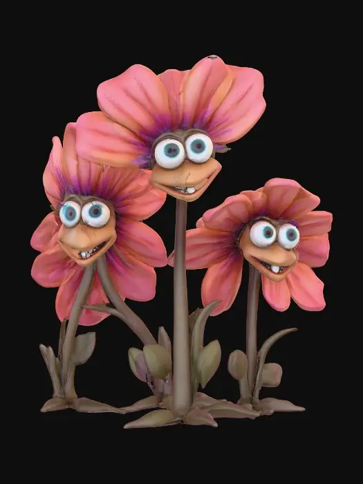 3D model for A whimsical fairytale creation 3d anthropomorphic talking flowers with exaggerated, cartoonish features, reminiscent of an Alice in Wonderland aesthetic. They possess expressive eyes and mouths, with vibrant, oversized petals and stems that serve as limbs. 
The style is a playful, highly stylized illustration, evoking the enchanting and slightly bizarre world of classic fairytale art, with influences from the detailed linework and imaginative compositions of Arthur Rackham and the vibrant, whimsical designs of Mary Blair. Suitable for 3d printed models