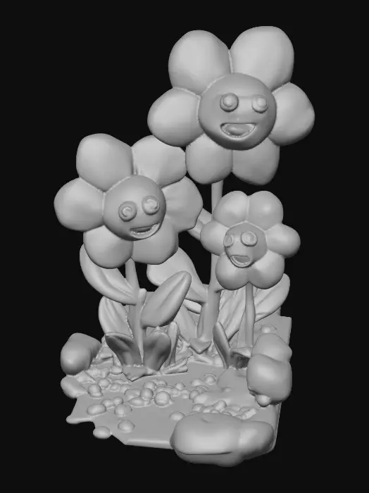 3D model for A whimsical fairytale creation 3d anthropomorphic talking flowers with exaggerated, cartoonish features, reminiscent of an Alice in Wonderland aesthetic. They possess expressive eyes and mouths, with vibrant, oversized petals and stems that serve as limbs. 
The style is a playful, highly stylized illustration, evoking the enchanting and slightly bizarre world of classic fairytale art, with influences from the detailed linework and imaginative compositions of Arthur Rackham and the vibrant, whimsical designs of Mary Blair. Suitable for 3d printed models