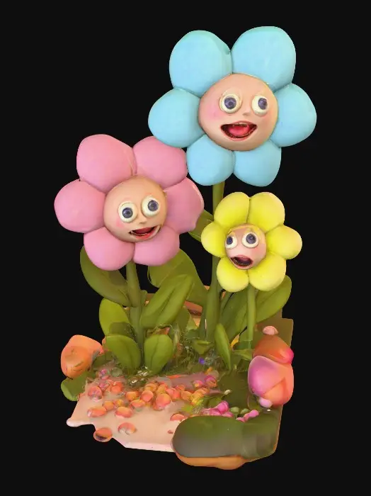 3D model for A whimsical fairytale creation 3d anthropomorphic talking flowers with exaggerated, cartoonish features, reminiscent of an Alice in Wonderland aesthetic. They possess expressive eyes and mouths, with vibrant, oversized petals and stems that serve as limbs. 
The style is a playful, highly stylized illustration, evoking the enchanting and slightly bizarre world of classic fairytale art, with influences from the detailed linework and imaginative compositions of Arthur Rackham and the vibrant, whimsical designs of Mary Blair. Suitable for 3d printed models