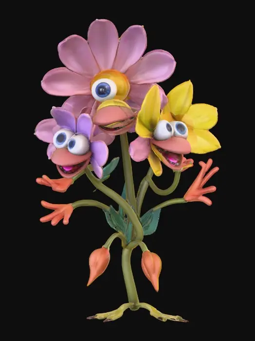 3D model for A whimsical fairytale creation 3d anthropomorphic talking flowers with exaggerated, cartoonish features, reminiscent of an Alice in Wonderland aesthetic. They possess expressive eyes and mouths, with vibrant, oversized petals and stems that serve as limbs. 
The style is a playful, highly stylized illustration, evoking the enchanting and slightly bizarre world of classic fairytale art, with influences from the detailed linework and imaginative compositions of Arthur Rackham and the vibrant, whimsical designs of Mary Blair. Suitable for 3d printed models