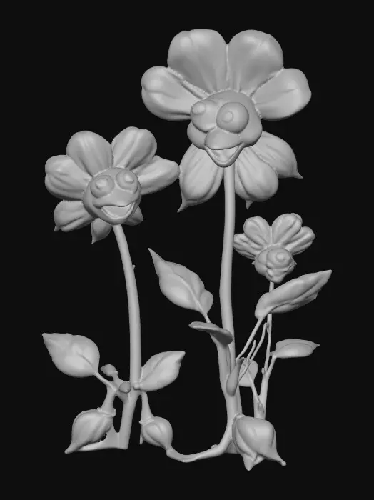 3D model for A whimsical fairytale creation 3d anthropomorphic talking flowers with exaggerated, cartoonish features, reminiscent of an Alice in Wonderland aesthetic. They possess expressive eyes and mouths, with vibrant, oversized petals and stems that serve as limbs. 
The style is a playful, highly stylized illustration, evoking the enchanting and slightly bizarre world of classic fairytale art, with influences from the detailed linework and imaginative compositions of Arthur Rackham and the vibrant, whimsical designs of Mary Blair. Suitable for 3d printed models