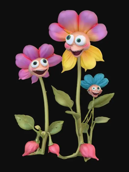 3D model for A whimsical fairytale creation 3d anthropomorphic talking flowers with exaggerated, cartoonish features, reminiscent of an Alice in Wonderland aesthetic. They possess expressive eyes and mouths, with vibrant, oversized petals and stems that serve as limbs. 
The style is a playful, highly stylized illustration, evoking the enchanting and slightly bizarre world of classic fairytale art, with influences from the detailed linework and imaginative compositions of Arthur Rackham and the vibrant, whimsical designs of Mary Blair. Suitable for 3d printed models