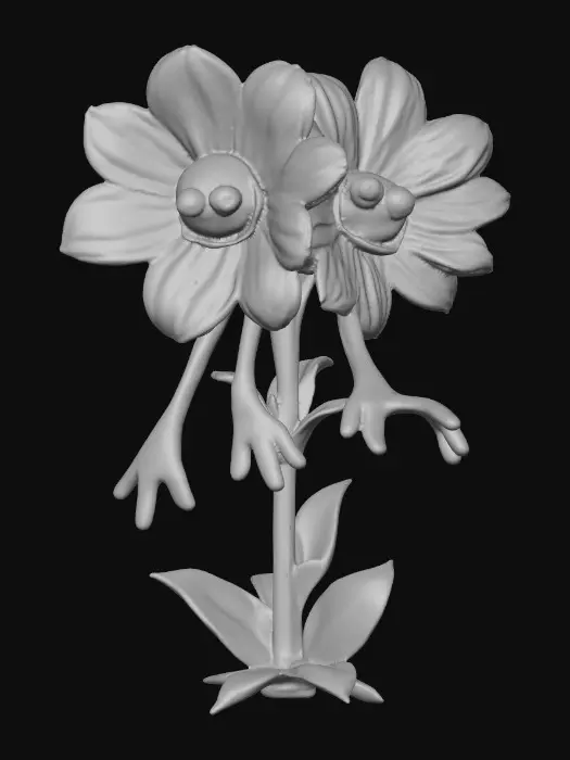 3D model for A whimsical fairytale creation 3d anthropomorphic talking flowers with exaggerated, cartoonish features, reminiscent of an Alice in Wonderland aesthetic. They possess expressive eyes and mouths, with vibrant, oversized petals and stems that serve as limbs. 
The style is a playful, highly stylized illustration, evoking the enchanting and slightly bizarre world of classic fairytale art, with influences from the detailed linework and imaginative compositions of Arthur Rackham and the vibrant, whimsical designs of Mary Blair. Suitable for 3d printed models