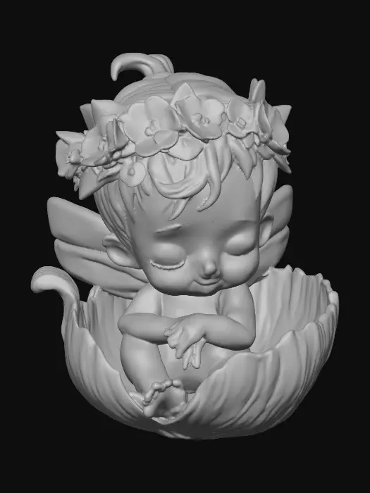 3D model for A beautiful delicate and highly detailed chibi fairy baby with porcelain wings sleeps peacefully upon a half curled fallen leaf that forms a soft cradle for the baby. The fairy wears a crown of colorful flowers. Highly stylized 3d features perfect for gaming