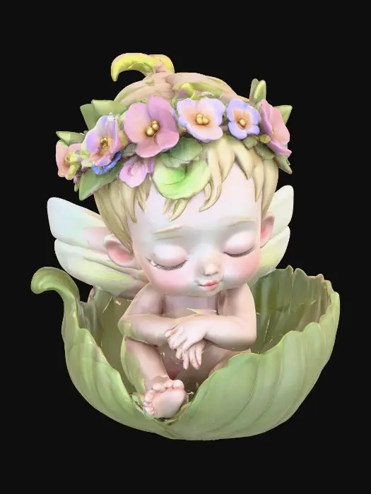 3D model for A beautiful delicate and highly detailed chibi fairy baby with porcelain wings sleeps peacefully upon a half curled fallen leaf that forms a soft cradle for the baby. The fairy wears a crown of colorful flowers. Highly stylized 3d features perfect for gaming
