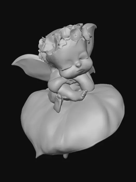 3D model for A beautiful delicate and highly detailed chibi fairy baby with porcelain wings sleeps peacefully upon a half curled fallen leaf that forms a soft cradle for the baby. The fairy wears a crown of colorful flowers. Highly stylized 3d features perfect for gaming