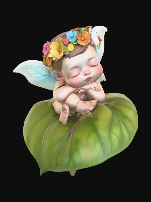 3D model for A beautiful delicate and highly detailed chibi fairy baby with porcelain wings sleeps peacefully upon a half curled fallen leaf that forms a soft cradle for the baby. The fairy wears a crown of colorful flowers. Highly stylized 3d features perfect for gaming