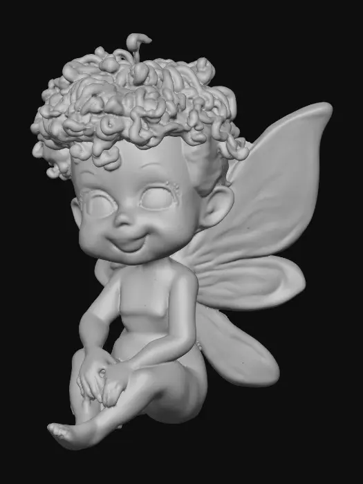 3D model for Ceramic figurine of a Chibi child like snowdrop fairy. Perfect facial features with well formed arms, hands, legs, & feet. Well defined wings. Fairy is sitting on a round patch of grass. Beautiful full wide smile. Twinkling large blue eyes. Wild Curly hair