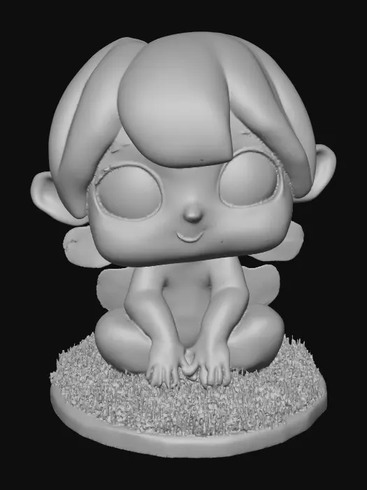 3D model for Ceramic figurine of a Chibi child like snowdrop fairy. Perfect facial features with well formed arms, hands, legs, & feet. Well defined wings. Fairy is sitting on a round patch of grass.
