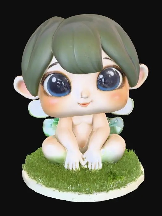 3D model for Ceramic figurine of a Chibi child like snowdrop fairy. Perfect facial features with well formed arms, hands, legs, & feet. Well defined wings. Fairy is sitting on a round patch of grass.