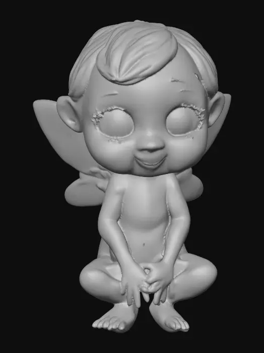3D model for Ceramic figurine of a Chibi child like snowdrop fairy. Perfect facial features with well formed arms, hands, legs, & feet. Well defined wings. Fairy is sitting on a round patch of grass.