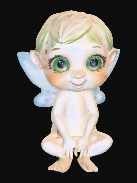 3D model for Ceramic figurine of a Chibi child like snowdrop fairy. Perfect facial features with well formed arms, hands, legs, & feet. Well defined wings. Fairy is sitting on a round patch of grass.