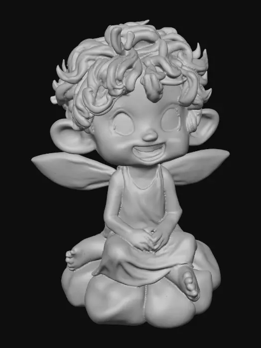 3D model for Ceramic figurine of a snowdrop fairy. Perfect facial features with well formed arms, hands, legs, & feet. Well defined wings. Fairy is sitting on a round rocky base. Beautiful full wide smile laughing uncontrollably. Twinkling large colored eyes. Wild thick Curly hair. Shades of green, white, and lavender