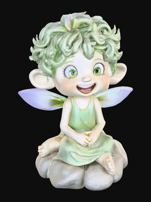 3D model for Ceramic figurine of a snowdrop fairy. Perfect facial features with well formed arms, hands, legs, & feet. Well defined wings. Fairy is sitting on a round rocky base. Beautiful full wide smile laughing uncontrollably. Twinkling large colored eyes. Wild thick Curly hair. Shades of green, white, and lavender