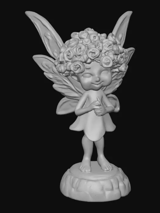 3D model for Ceramic figurine of a snowdrop fairy. Perfect facial features with well formed arms, hands, legs, & feet. Well defined wings. Fairy is sitting on a round rocky base. Beautiful full wide smile laughing uncontrollably. Twinkling large colored eyes. Wild thick Curly hair. Shades of green, white, and lavender
