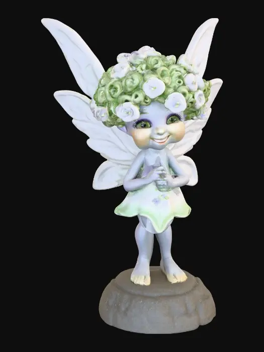 3D model for Ceramic figurine of a snowdrop fairy. Perfect facial features with well formed arms, hands, legs, & feet. Well defined wings. Fairy is sitting on a round rocky base. Beautiful full wide smile laughing uncontrollably. Twinkling large colored eyes. Wild thick Curly hair. Shades of green, white, and lavender