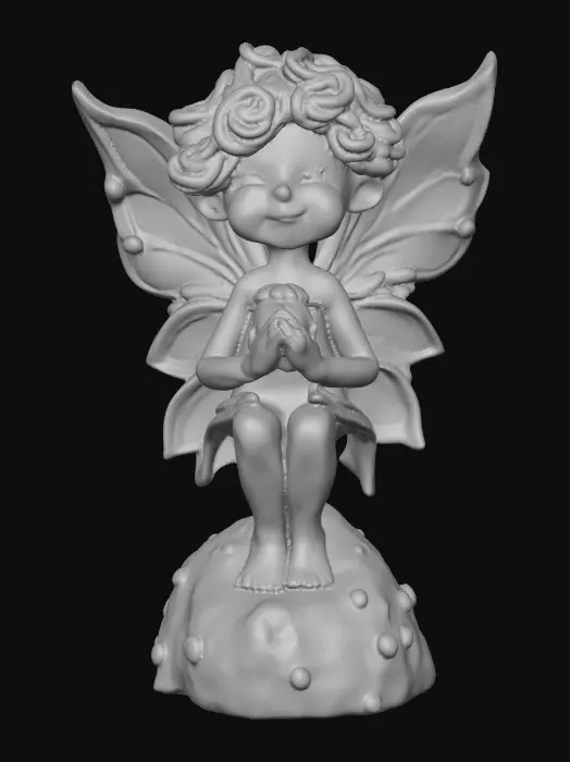 3D model for Ceramic figurine of a snowdrop fairy. Perfect facial features with well formed arms, hands, legs, & feet. Well defined wings. Fairy is sitting on a round rocky base. Beautiful full wide smile laughing uncontrollably. Twinkling large colored eyes. Wild thick Curly hair. Shades of green, white, and lavender